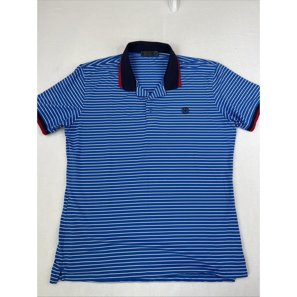 G/FORE Blue and White Striped Polo with Black and Red Accents